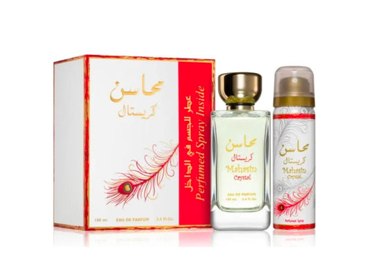 Mahasin Crystal Red Edp 100ml Lattafa + Deo Spray 75ml